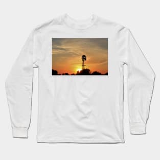 Kansas colorful Sunset with a Windmill silhouette and a bird in the sky. Long Sleeve T-Shirt
